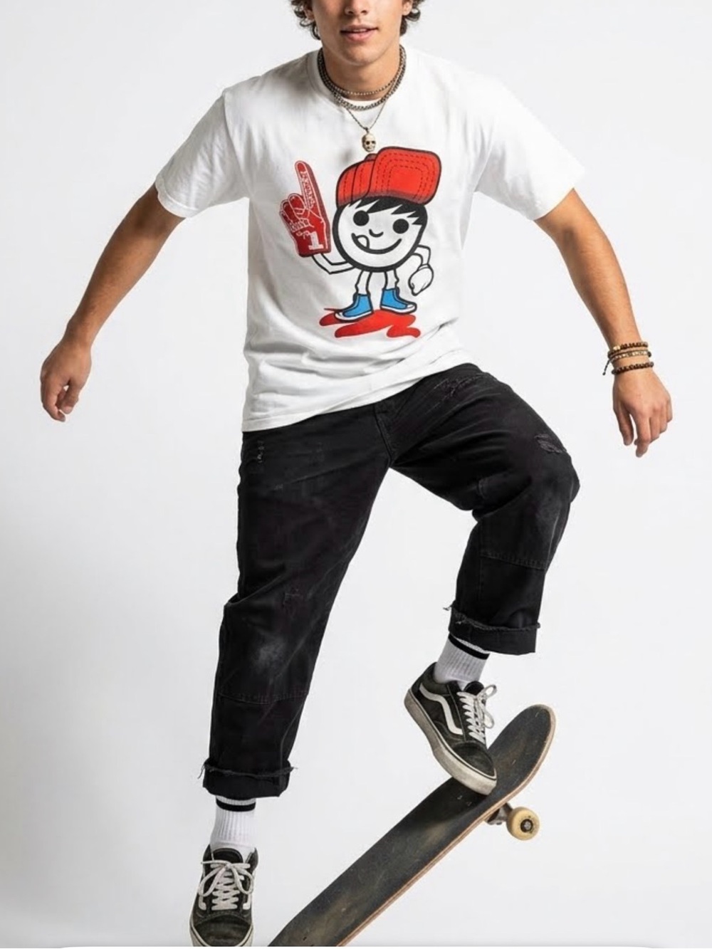 NEFF Shirt Mens Large White Smiley Face Mascot Foam Finger #1 Fan Graphic Skate